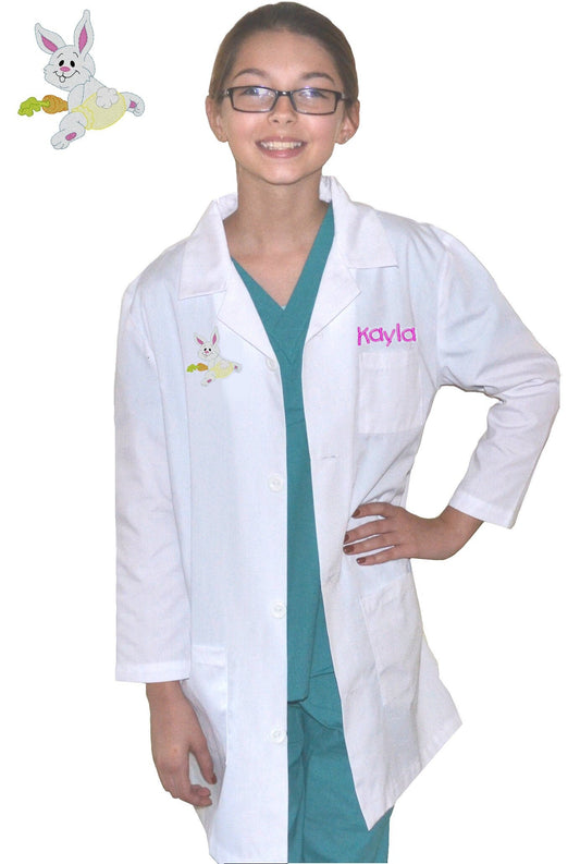 Personalized Kids Lab Coat with Rabbit Embroidery Design, Veterinarian Lab Coat, Birthday Gift, Childrens Lab Coat, Monogrammed Name