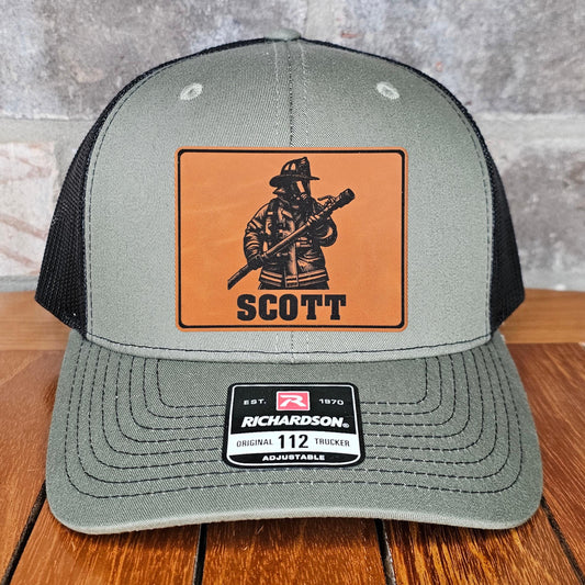 Personalized Firefighter Leather Patch Trucker Hat with Name, Richardson 112, Fireman Hat, Husband Gift, Station Gift, Laser Engraved
