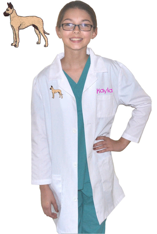 Personalized Kids Lab Coat Great Dane Dog Embroidery Design, Veterinarian Lab Coat, Birthday Gift, Childrens Lab Coat, Monogrammed Name