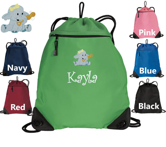 Personalized Kids Cinch Pack, Drawstring Gym School PE Pool Backpack, Embroidered Elephant, Custom Name, Kids Gift