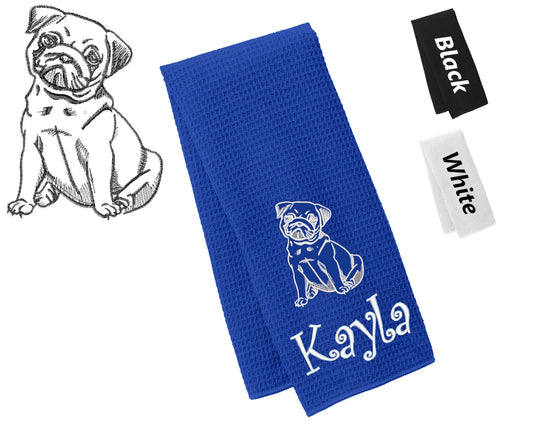Personalized Dog Towel, Pug, Hand Towel, Grooming Towel, Waffle Microfiber, Embroidered Your Pets Name, Monogrammed Dog Gift