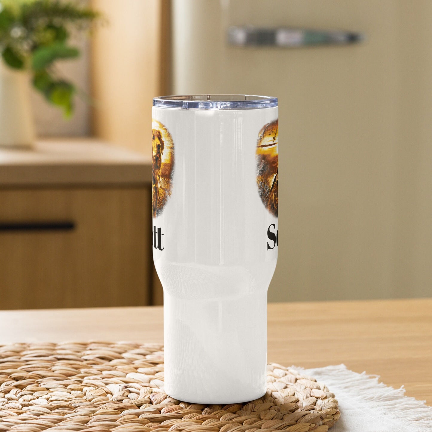 Custom Golden Retriever Hunting Dog Travel Mug Tumbler with Handle, Stainless Steel BPA-free Cup, 25 Ounce Mug, Dad Mom Dog Lover Gift
