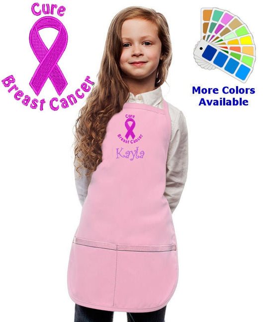 Personalized Kids Apron with Breast Cancer Ribbon Embroidery Design Pink Ribbon