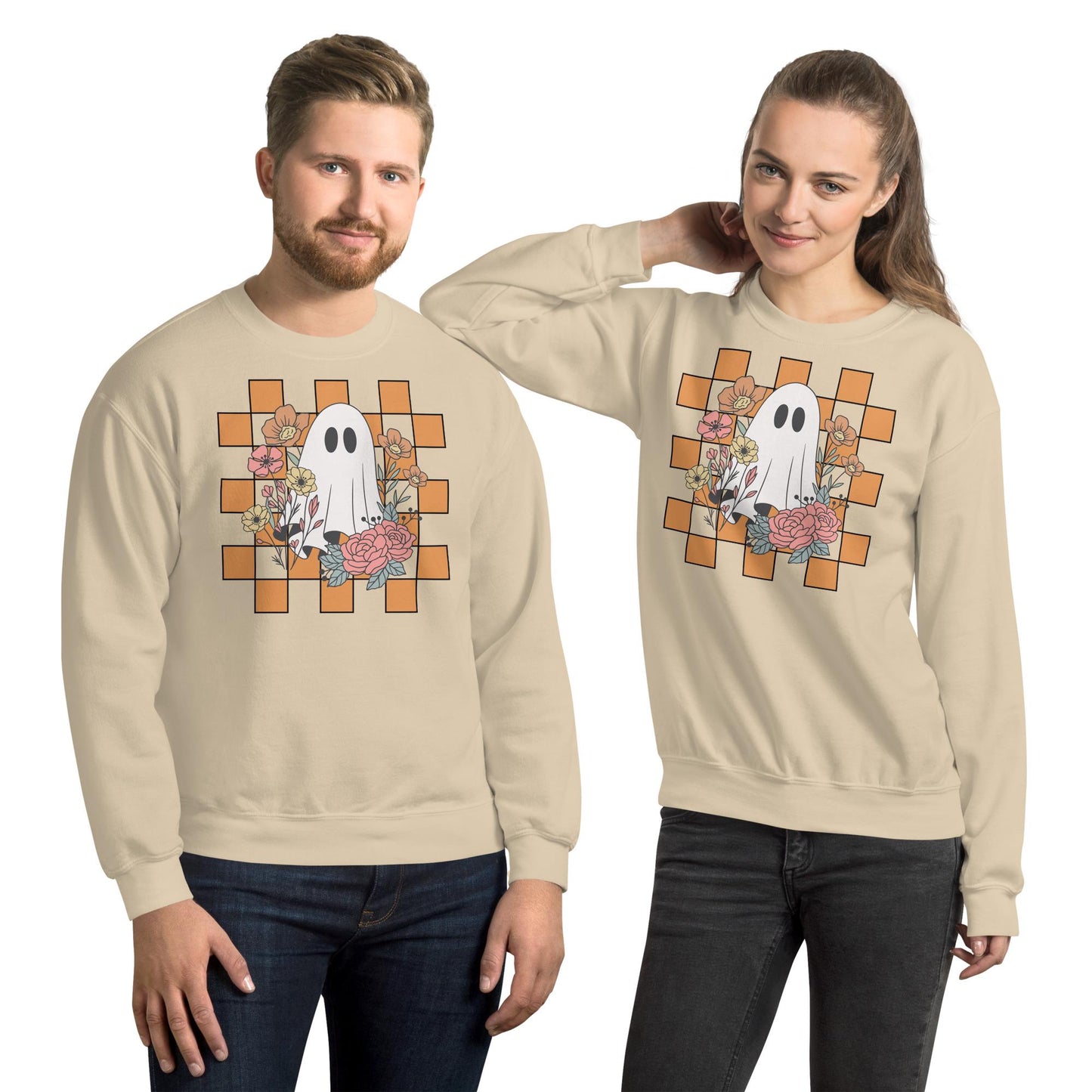 Halloween Ghost Sweatshirt, Cute Ghost Checker Floral Sweats, Womens Halloween Sweatshirt, Cute Retro Fall Sweats, Spooky Season, Fall Gift