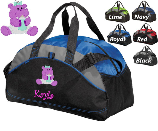 Personalized Kids Duffel Bag Gym School PE Contrast Piping and Stitching Embroidered with Hippo and Name or Text of Your Choice