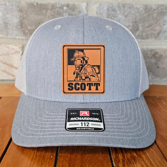 Personalized Firefighter Leather Patch Hat with Name, Richardson 112 Trucker Cap, Fireman Hat, Husband Gift, Station Gift, Laser Engraved