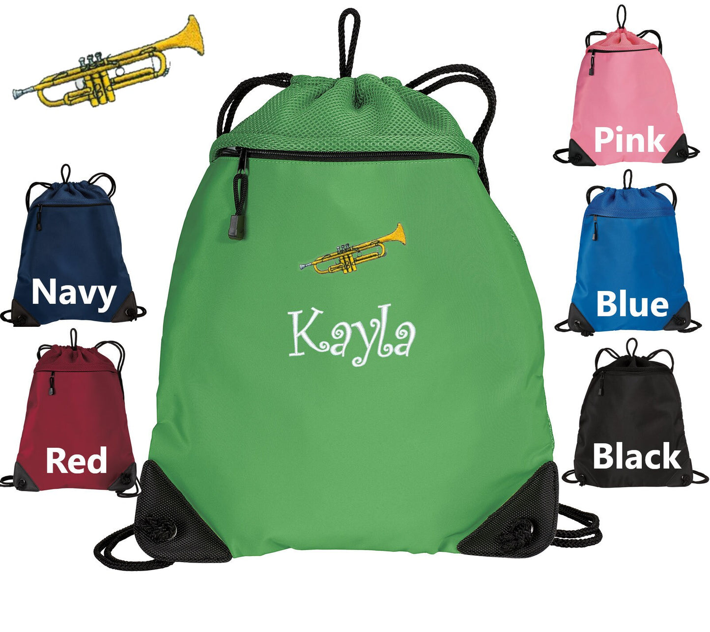 Personalized Kids Cinch Pack Embroidered Trumpet Design, Drawstring Gym School PE Pool Backpack, Monogrammed Custom Name, Kids Band Gift