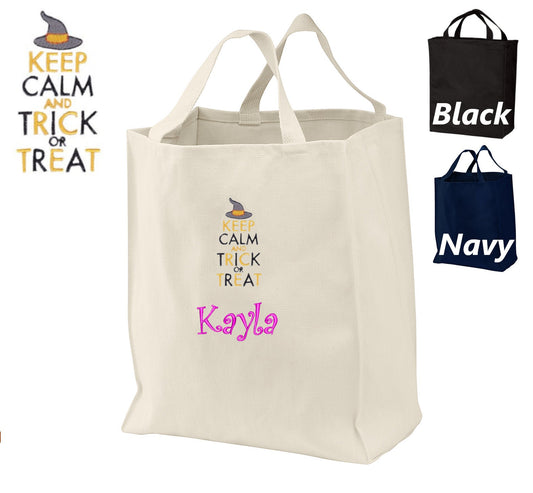 Personalized Halloween Tote Candy Bag, Embroidered Keep Calm Design, Name, Perfect Halloween Gift, Kids Trick or Treat Bag