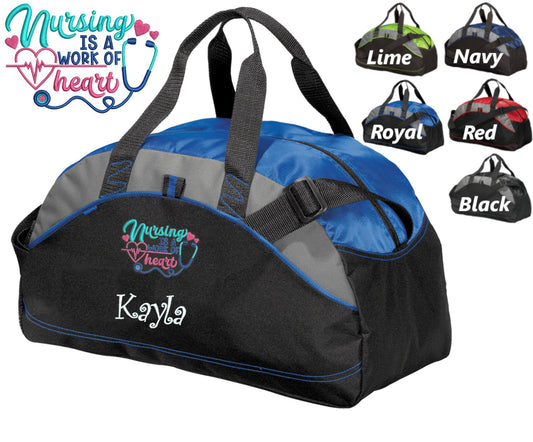 Personalized Nurse Duffle Bag, Scrubs Bag, Work of Heart Embroidered Custom Name, Hospital Bag, Travel Bag, Monogrammed, Gift, Duffle Bag