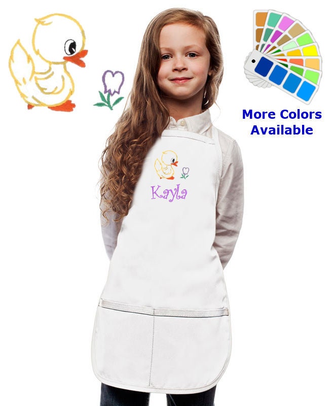 Personalized Kids Apron with Duck and Flower Embroidery Design