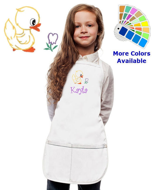 Personalized Kids Apron with Duck and Flower Embroidery Design
