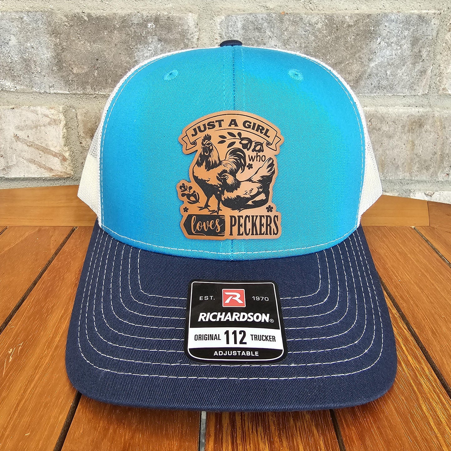 Chicken Leather Patch Trucker Hat, Richardson 112, Just a Girl Loves Peckers Cap, Funny Hat, Chicken Lover Hat, Farmer Gift, Laser Engraved