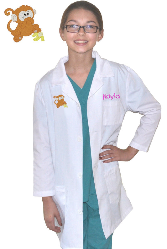 Personalized Kids Lab Coat with Monkey Embroidery Design, Veterinarian Lab Coat, Birthday Gift, Childrens Lab Coat, Monogrammed Name
