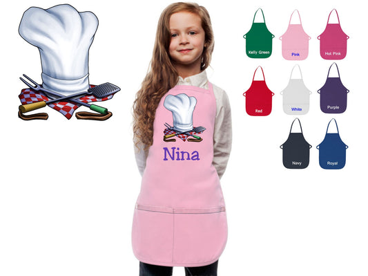 Personalized Kids Apron Chef Hat Grille Design, Monogrammed Chef Gift, Chef Gift, Cooking Party, Art Party, School Aprons, Printed Apron