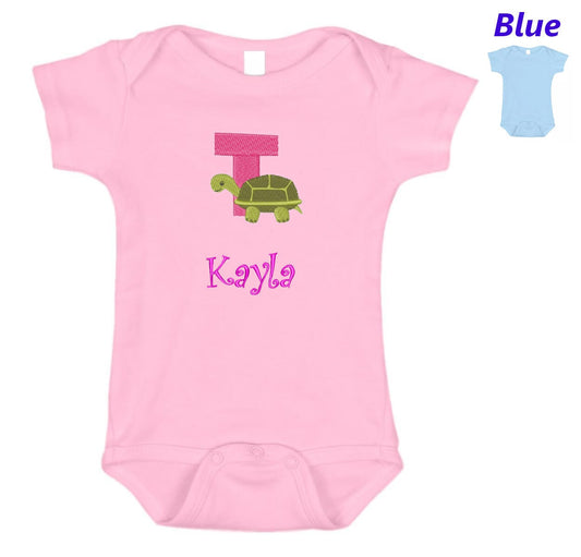 Personalized Baby Onesie Pink Blue Embroidered Letter T Turtle Newborn One Piece Body Suit Baby Shower Gift Monogrammed Your Baby's Name