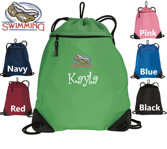 Personalized Swimming Cinch Pack Drawstring Gym School PE Pool Swim Backpack Embroidered Monogrammed with Custom Name Perfect Gift