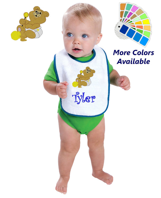 Personalized Baby Bib White Cotton Terry with Contrast Trim Baby Bear Design for Boy or Girl Embroidered Name