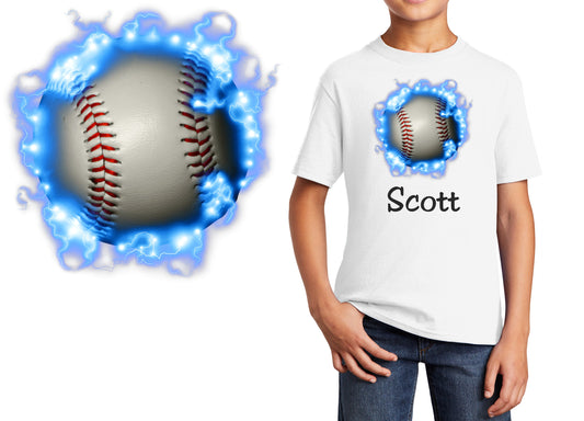 Personalized Kids T-Shirt Baseball Electric Design, T-Shirt, Colorful, Cotton, Low Price Inexpensive Tee Shirt, Student Gift, School Gift