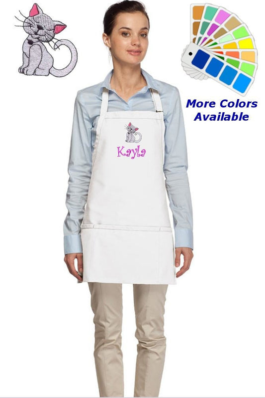Personalized Apron Embroidered Kitty Cat Design Dad Mom Gift