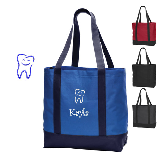Personalized Canvas Dentist Tote Bag, Happy Tooth, Shoulder Bag, Custom Tote with Handles, Embroidered Custom Name, Nurse Gift