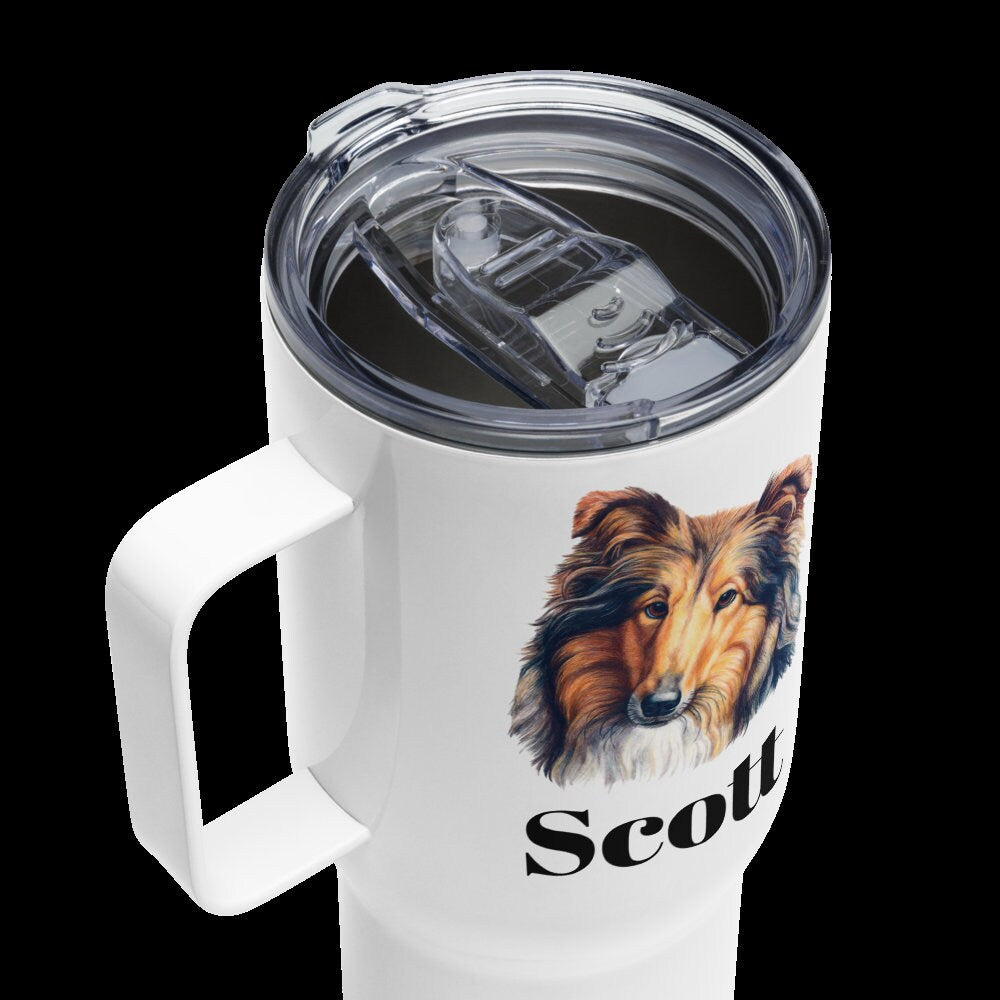 Custom Collie Sheltie Dog Travel Mug Tumbler with Handle, Stainless Steel BPA-free plastic Cup, 25 Ounce Mug, Dad Mom Dog Lover Gift