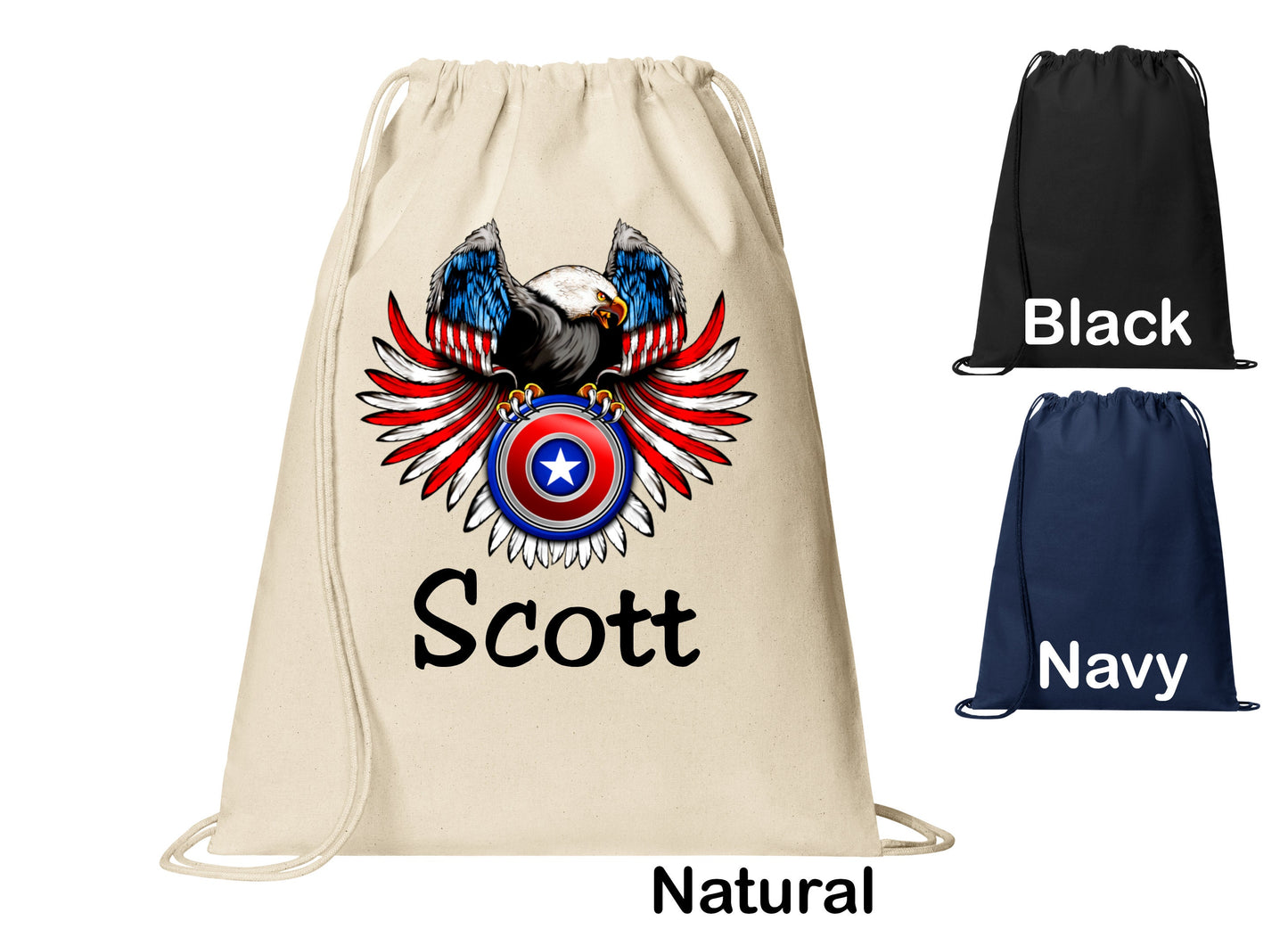 Personalized Eagle Flag Tail Patriotic Cinch Pack, Drawstring Gym School PE Pool Backpack, Printed Monogrammed Custom Name, Perfect Gift