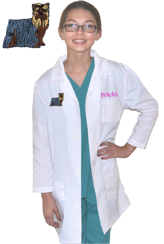 Personalized Kids Lab Coat Yorkshire Terrier Dog Embroidery Design, Veterinarian Lab Coat, Birthday Gift, Childrens Lab Coat Monogrammed