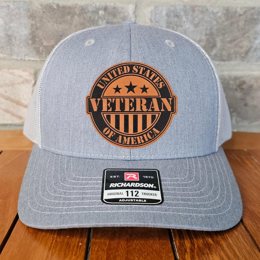 Veteran Leather Patch Trucker Hat, Richardson 112, US Veterans Hat, Military Gift, Dad Gift, Army, Navy, Air Force, Marines, Laser Engraved
