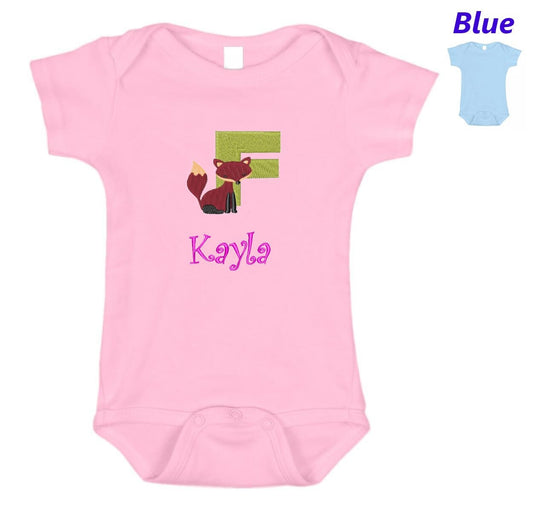Personalized Baby Onesie Pink Blue Embroidered Letter F Fox Newborn One Piece Body Suit Baby Shower Gift Monogrammed Your Baby's Name