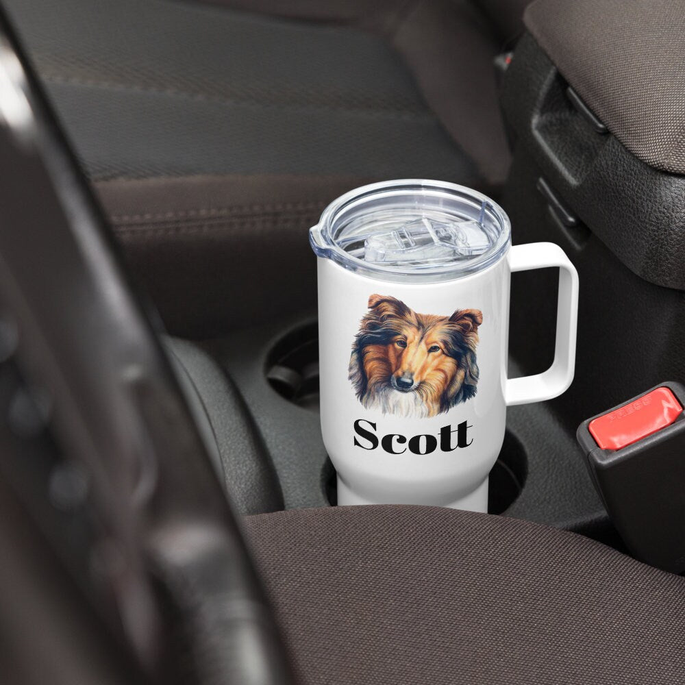 Custom Collie Sheltie Dog Travel Mug Tumbler with Handle, Stainless Steel BPA-free plastic Cup, 25 Ounce Mug, Dad Mom Dog Lover Gift