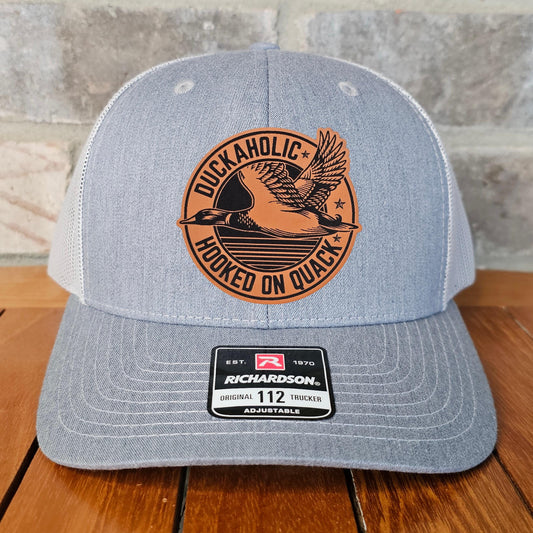 Duck Hunter Leather Patch Trucker Hat, Duckaholic Hooked on Quack, Richardson 112, Hunter Hat, Funny Dad Gift, Sportsman Gift,Laser Engraved