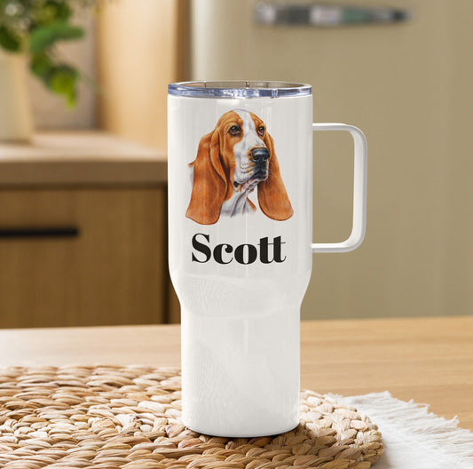 Custom Basset Hound Dog Travel Mug Tumbler with Handle, Stainless Steel BPA-free plastic Cup, 25 Ounce Mug, Dad Dog Lover Gift