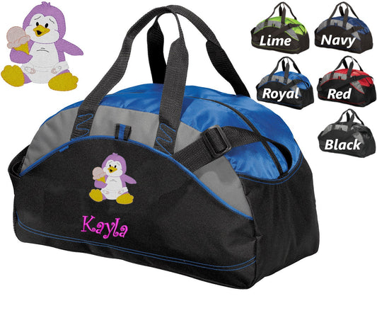 Personalized Kids Duffel Bag Gym Bag School PE Contrast Piping and Stitching Embroidered with Penguin and Name or Text of Your Choice