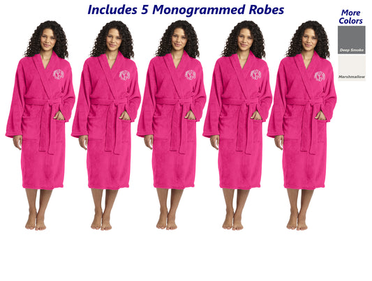 Five Monogrammed Robes Plush Microfleece Embroidered Bulk Order with Your Initials, Bridesmaid Robe Gift