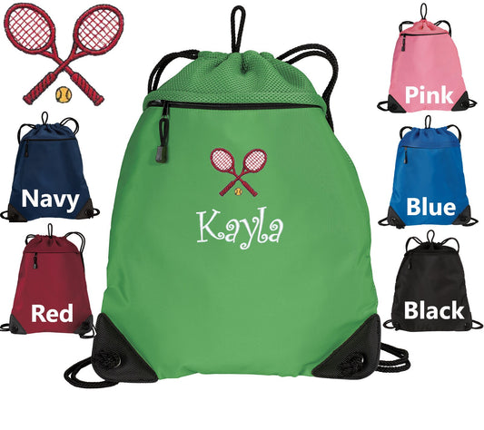 Personalized Tennis Coach Cinch Pack, Coach Gift, Drawstring Gym PE Pool Backpack, Embroidered Tennis Rackets, Monogrammed Custom Name
