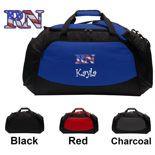 Personalized RN Nurse Large Duffle Bag, RN Flag Design, Scrubs Travel Bag, Embroidered Custom Name, Hospital Bag, Monogrammed, Travel Gift