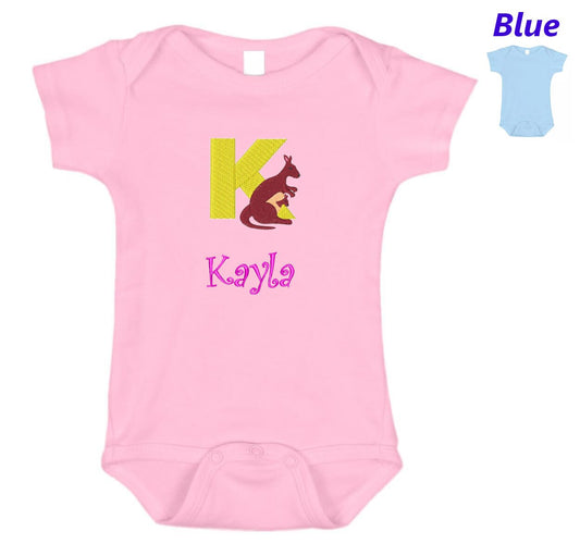 Personalized Baby Onesie Pink Blue Embroidered Letter K Kangaroo Newborn One Piece Body Suit Baby Shower Gift Monogrammed Your Baby's Name