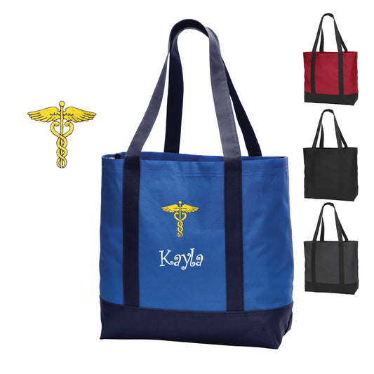 Personalized Canvas Nurse Tote Bag, Caduceus Shoulder Bag, Custom Tote, Tote with Handles, Embroidered Custom Name, Nurse Gift
