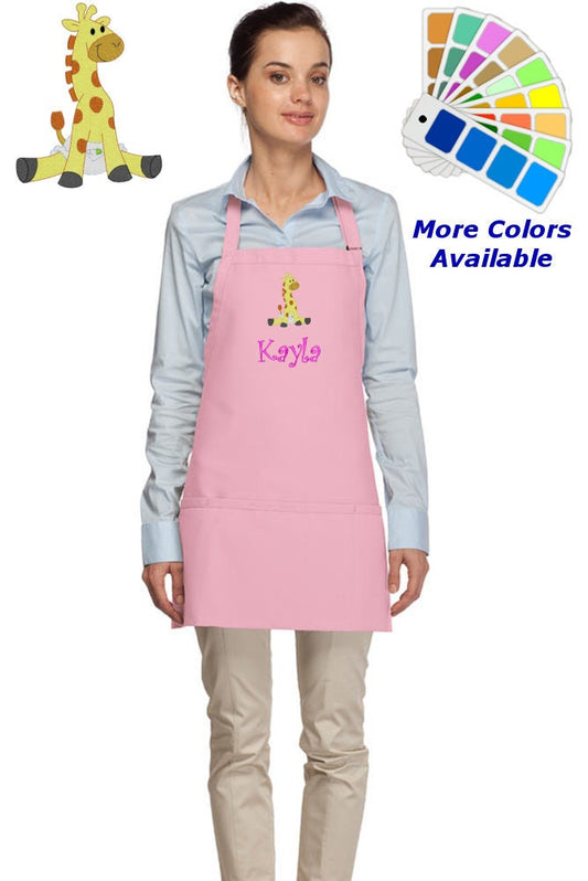 Personalized Apron Embroidered Giraffe Design, Custom Apron, Monogrammed Apron Name, Dad Mom Teacher Kitchen Home House Gift