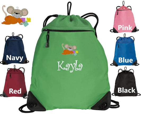 Personalized Kids Cinch Pack, Drawstring Gym School PE Pool Backpack, Embroidered Mouse, Custom Name, Kids Gift