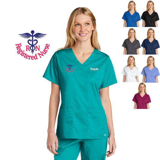Personalized Womens RN Scrubs Top with Custom Embroidered Text or Name, Doctor, Nurse, Veterinarian, Hospital, Shirt, Medical Apparel