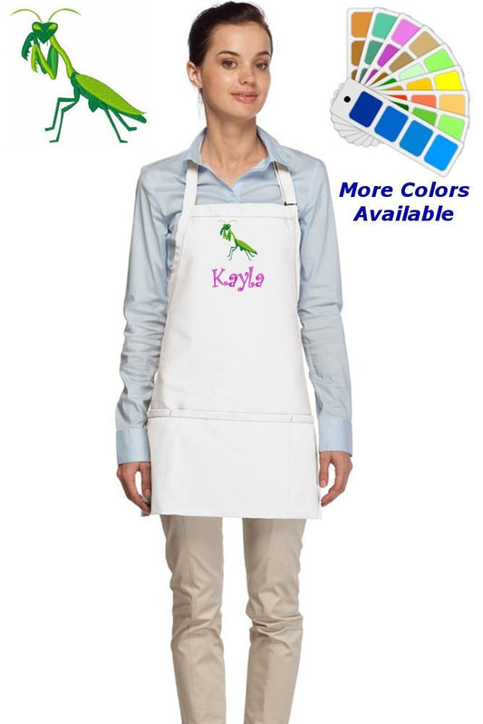 Personalized Apron Embroidered Green Praying Mantis Design Mom Dad Gift