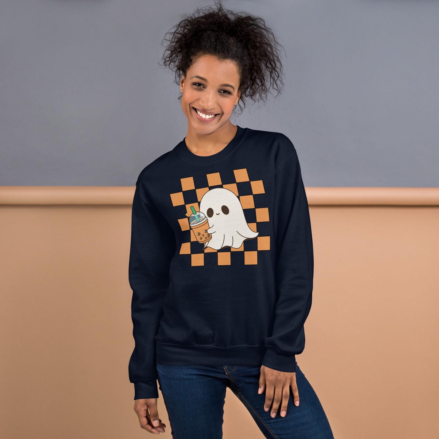 Halloween Ghost Sweatshirt, Cute Ghost Checker Coffee Sweats, Womens Halloween Sweatshirt, Cute Retro Fall Sweats, Spooky Season, Fall Gift
