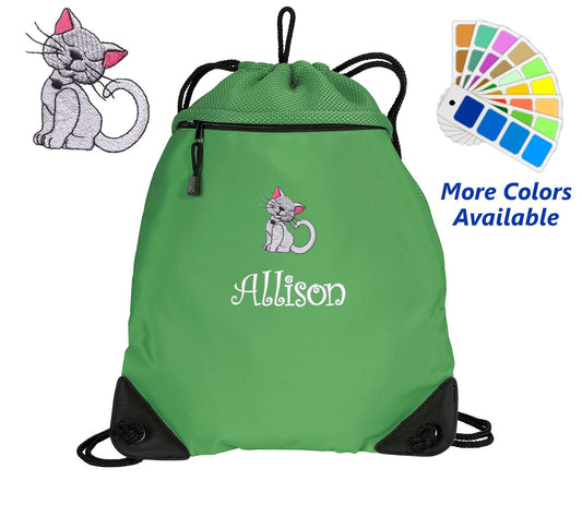 Personalized Cinch Pack, Drawstring Gym School PE, Pool Backpack, Embroidered Kitty Cat, Monogrammed Custom Name, Perfect Student Gift