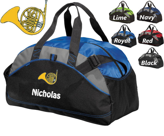 Personalized Kids Duffel Bag, French Horn Design, Gym Bag, School Band, Contrast Piping Stitching, Embroidered Name, Music Gift Student Gift