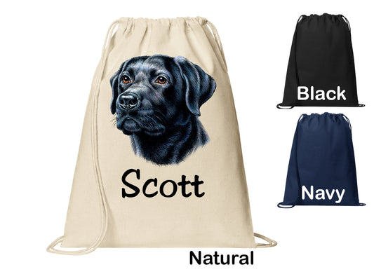 Personalized Black Lab Dog Cinch Pack, Drawstring Gym School PE Pool Backpack, Printed Monogrammed Custom Name, Perfect Gift