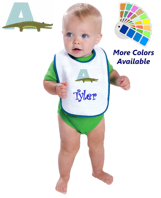 Personalized Baby Bib, White Cotton Terry with Contrast Trim, Letter A, Alphabet, Alligator Design, for Boy or Girl, Embroidered Name