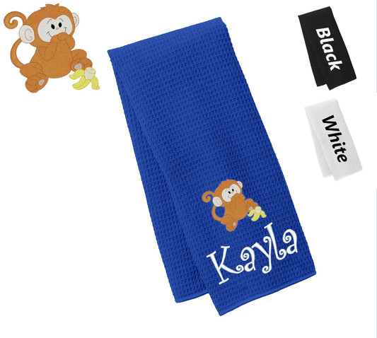 Personalized Towel Baby Monkey Design, Kitchen Towel, Hand Towel, Bathroom Towel, Waffle Microfiber, Embroidered Name, Kids Gift, Mom Gift