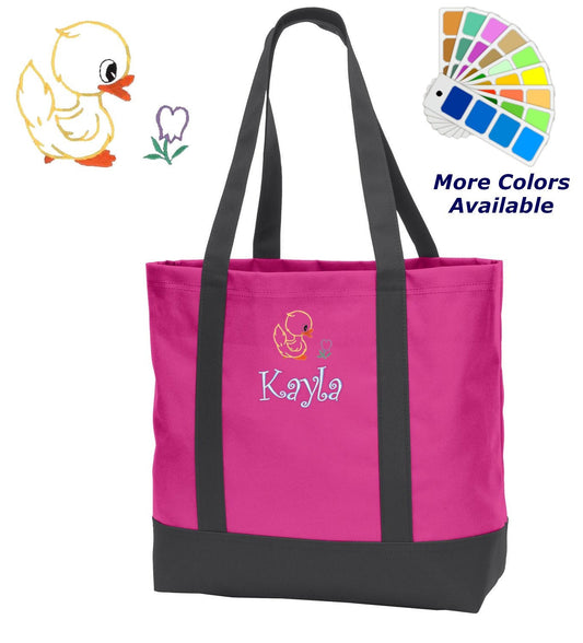 Personalized Tote Bag Duck and Flower Embroidered with Name of Your Choice Perfect Gift for Mom