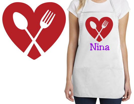 Personalized Kids Apron Heart Fork Spoon Design, Monogrammed Chef Gift, Chef Gift, Cooking Party, Art Party, School Aprons, Printed Apron